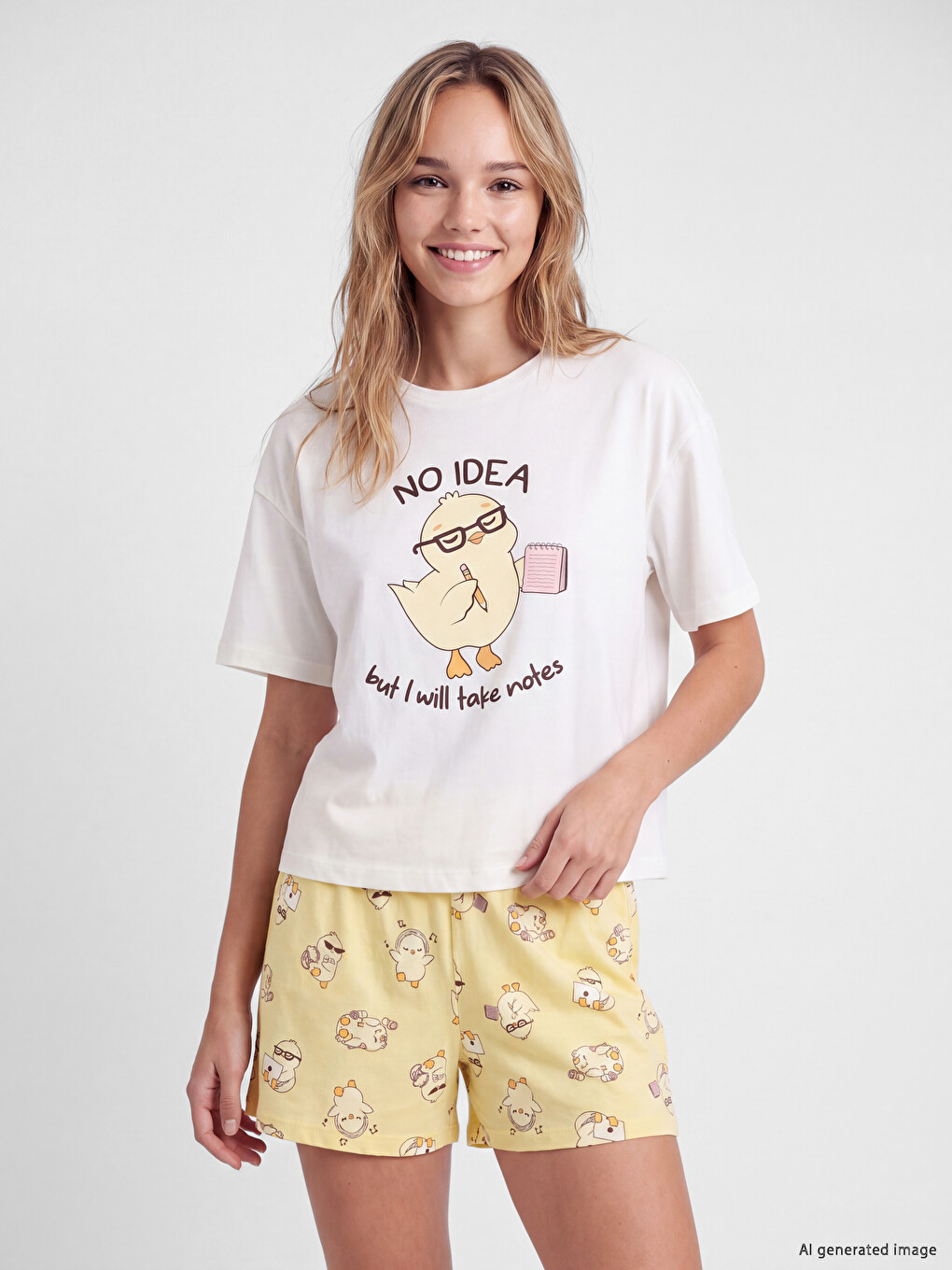 Sarı Civciv Baskılı Kadın Şortlu Pijama Takımı