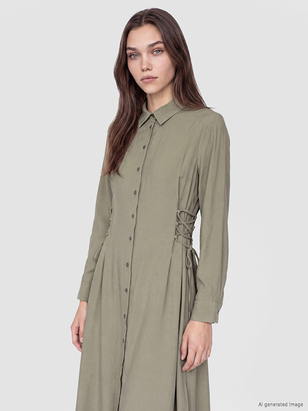 Femër Ngjyre Kaki Fustan-këmishë-1