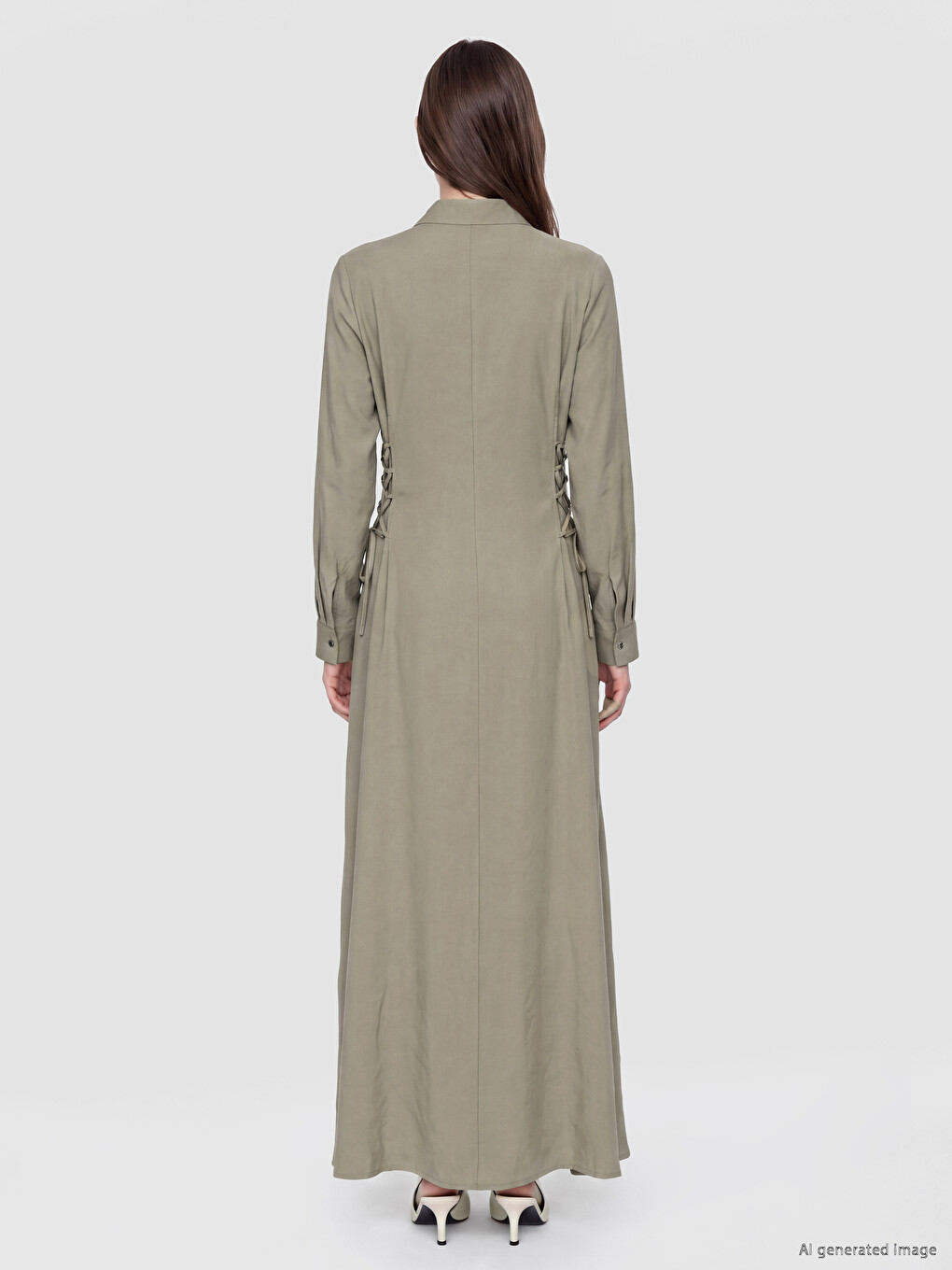 Femër Ngjyre Kaki Fustan-këmishë-3