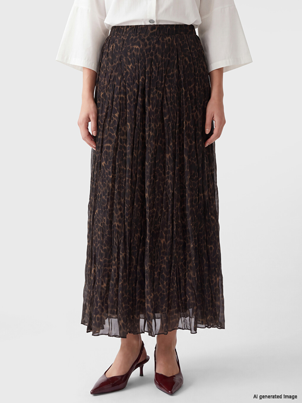 Elastic Waist Leopard Print Pleated Skirt-1