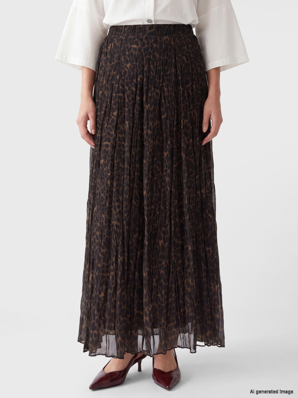 Elastic Waist Leopard Print Pleated Skirt-1