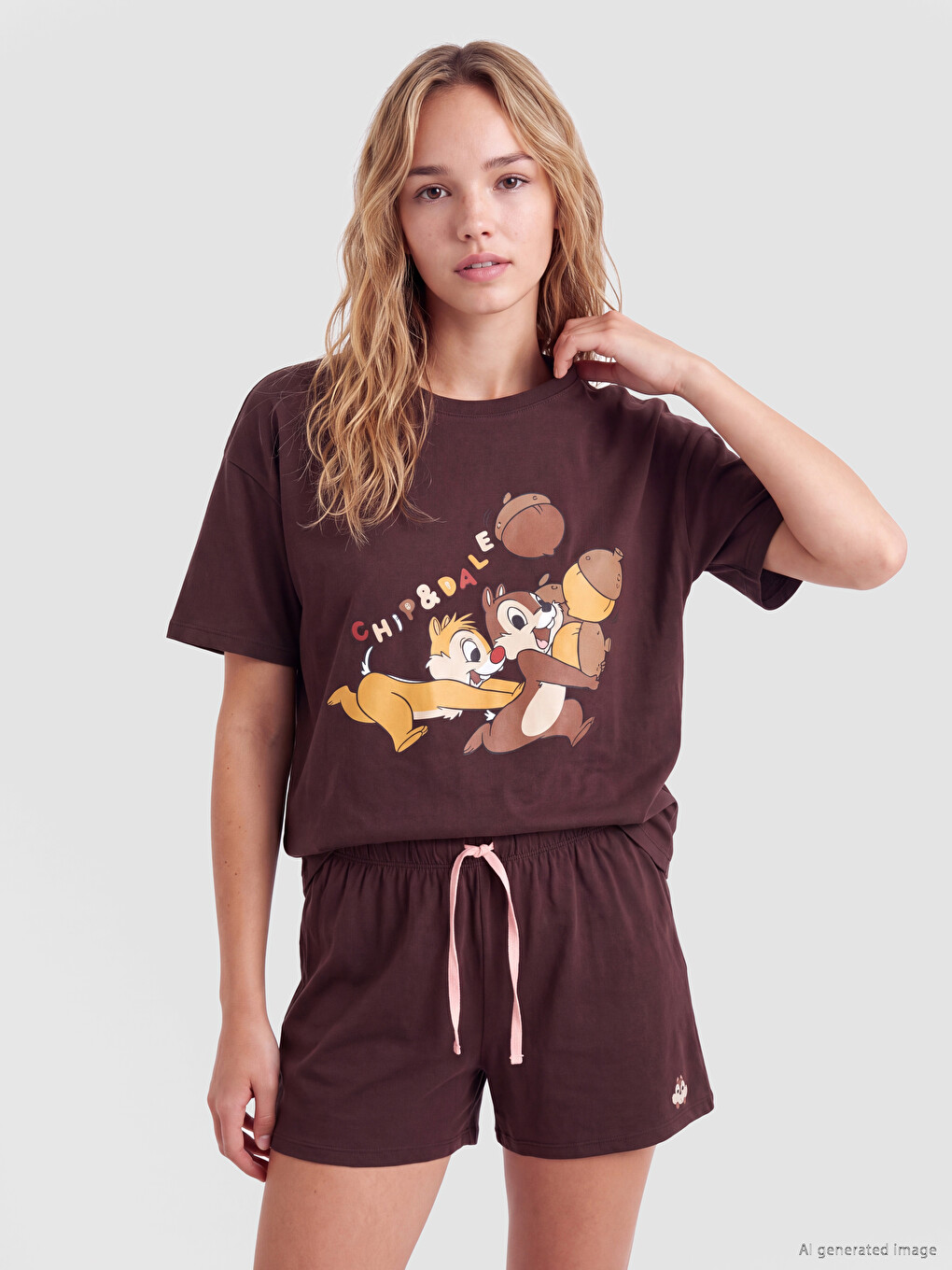 Kahverengi Chip And Dale Baskılı Kadın Şortlu Pijama Takımı-1