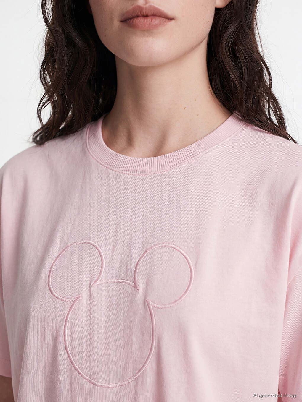 Pembe Mickey Mouse Nakışlı %100 Pamuklu Kadın Tişört-2