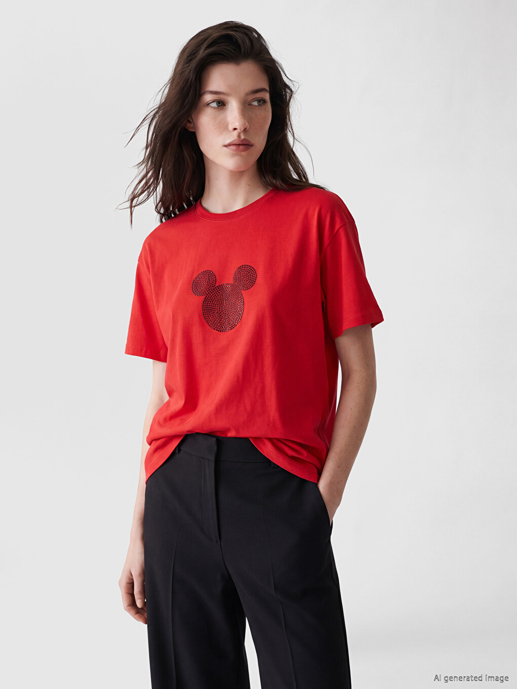 Kırmızı Mickey Mouse Baskılı %100 Pamuklu Kadın Tişört