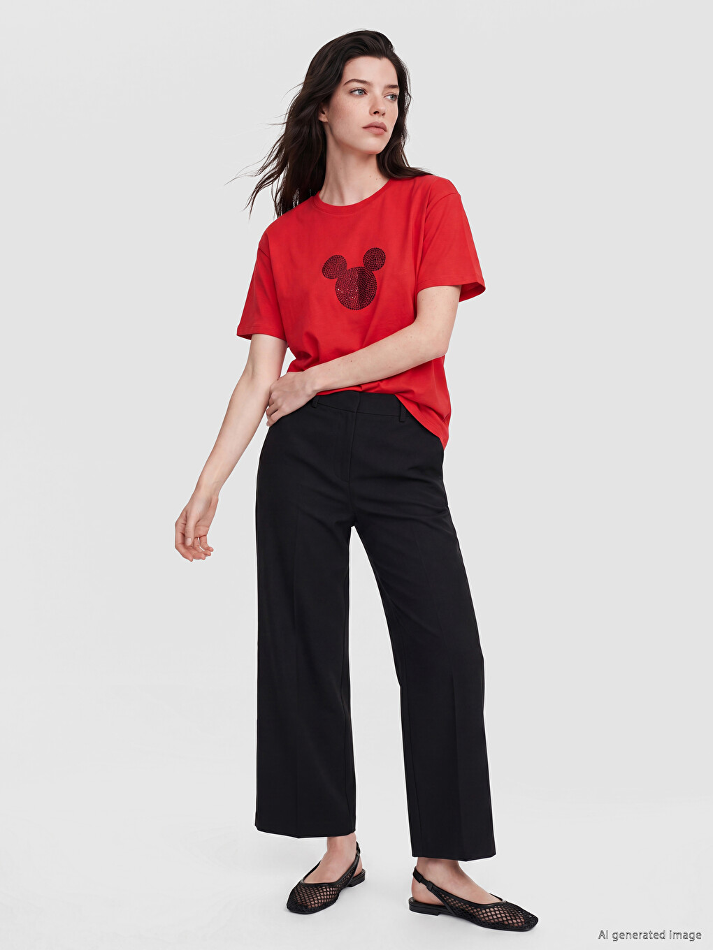 Kırmızı Mickey Mouse Baskılı %100 Pamuklu Kadın Tişört-1