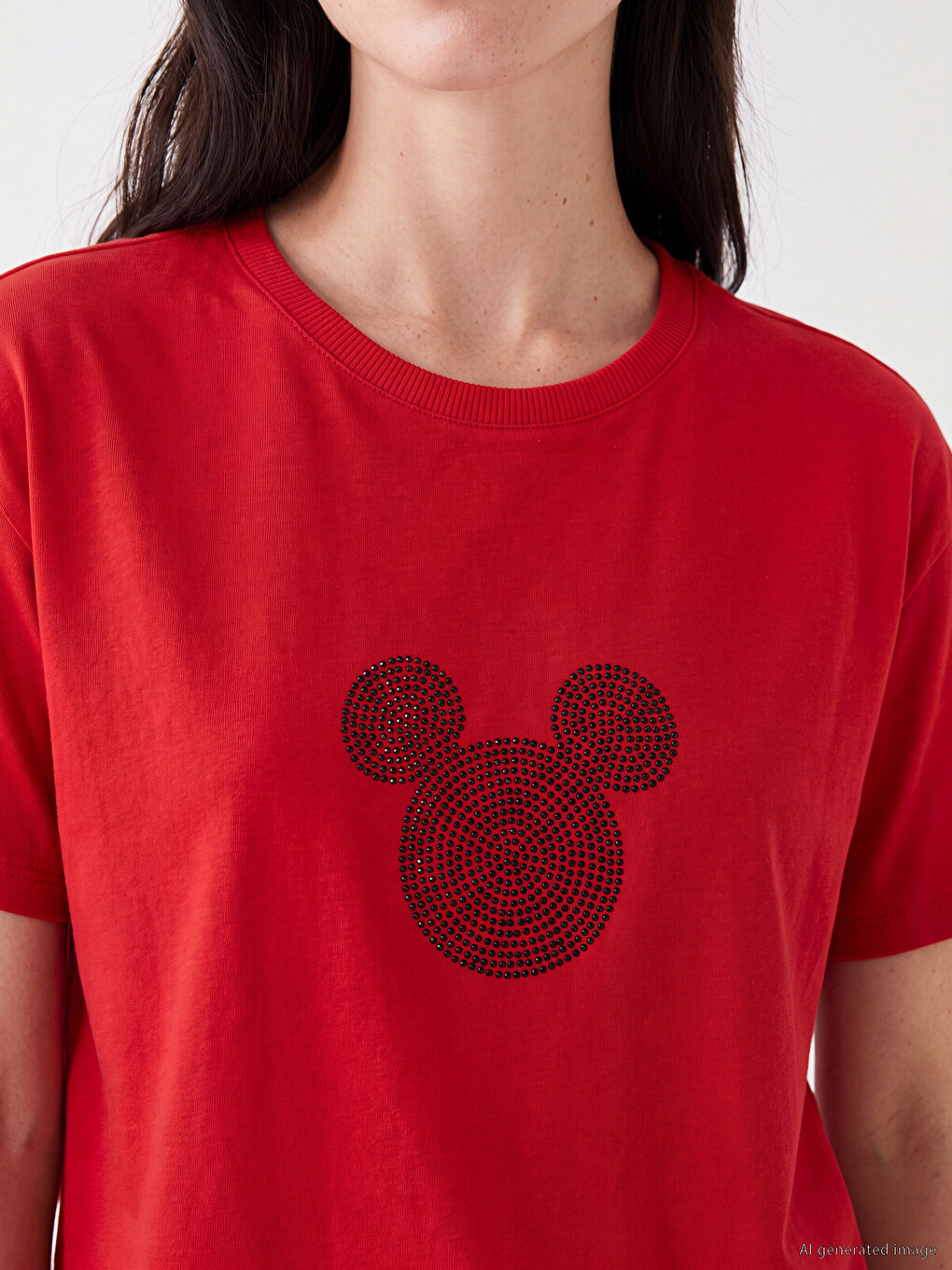 Kırmızı Mickey Mouse Baskılı %100 Pamuklu Kadın Tişört-2