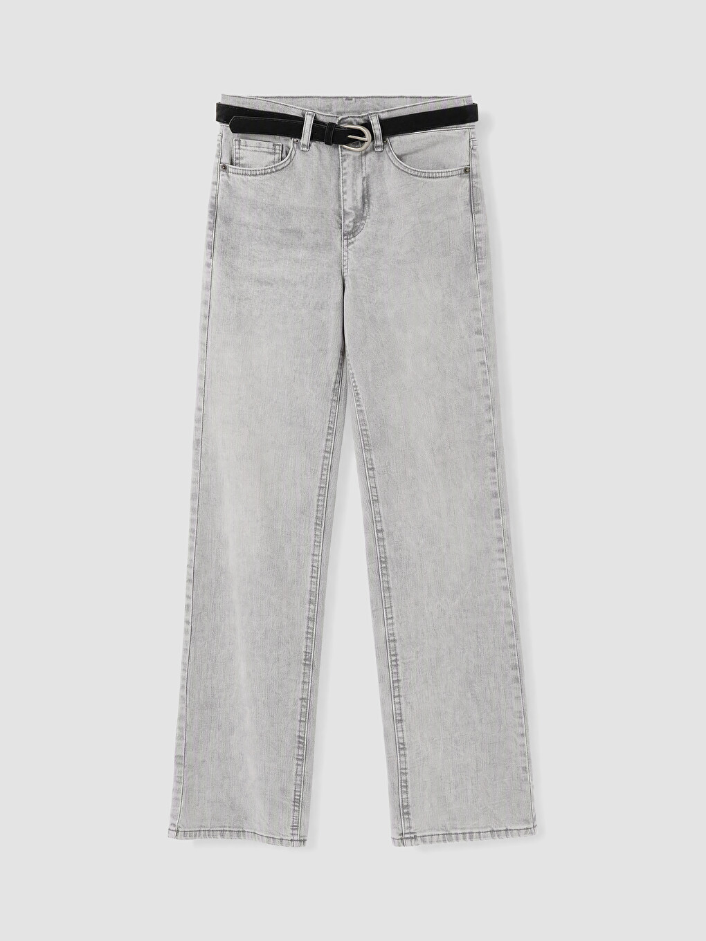 Gri Beli Kemerli Flare Kadın Jean Pantolon