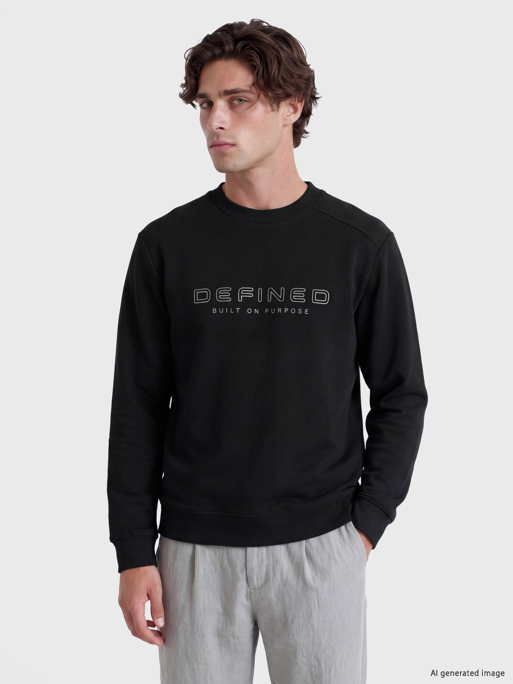 Siyah Bisiklet Yaka Baskılı Erkek Sweatshirt