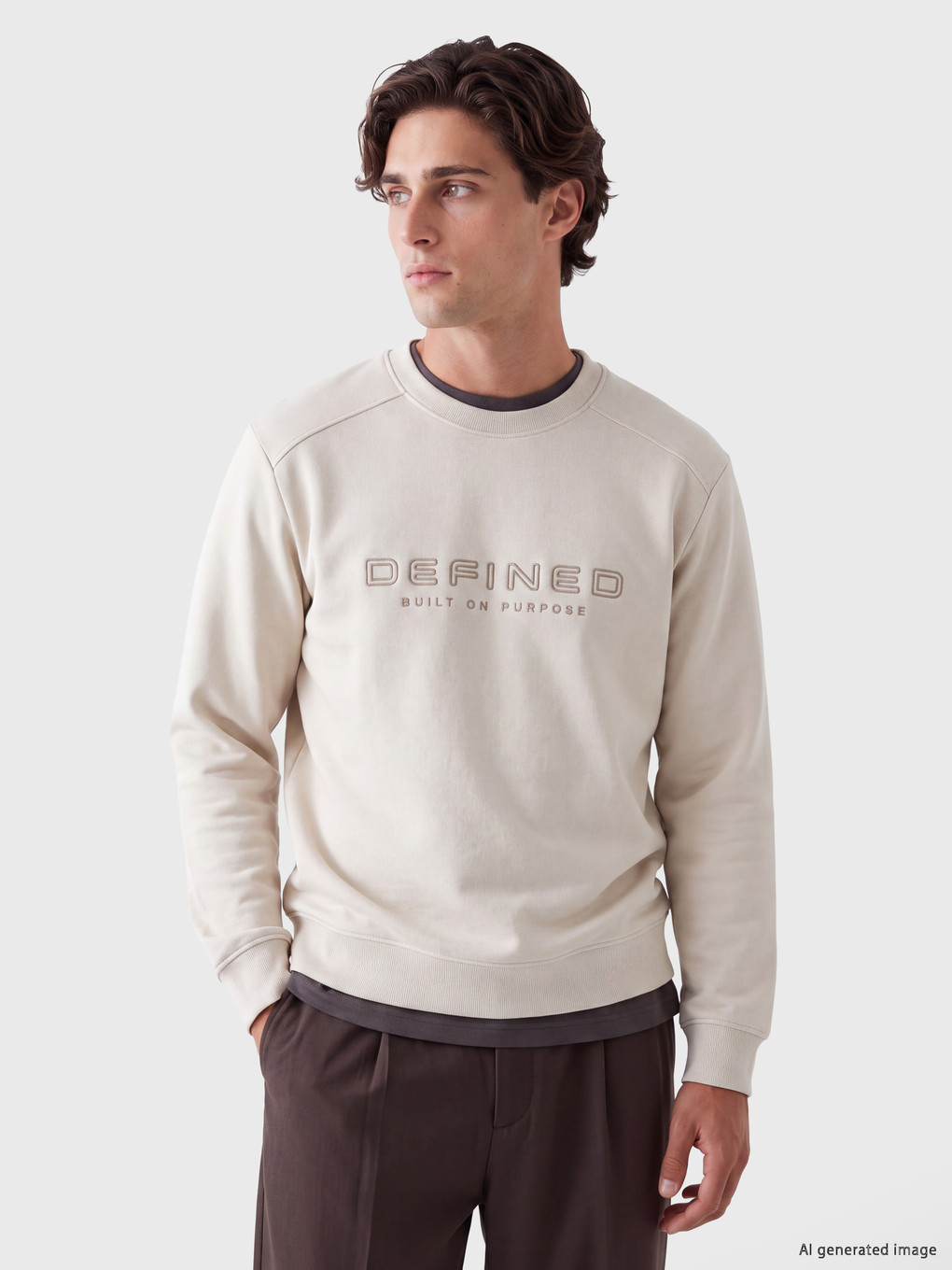 Bej Bisiklet Yaka Baskılı Erkek Sweatshirt