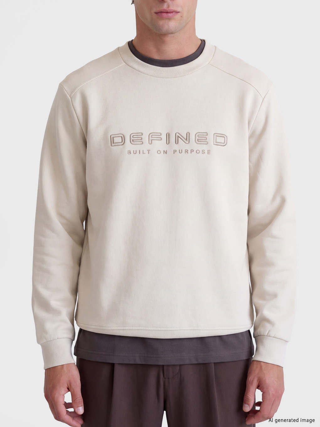 Bej Bisiklet Yaka Baskılı Erkek Sweatshirt-2