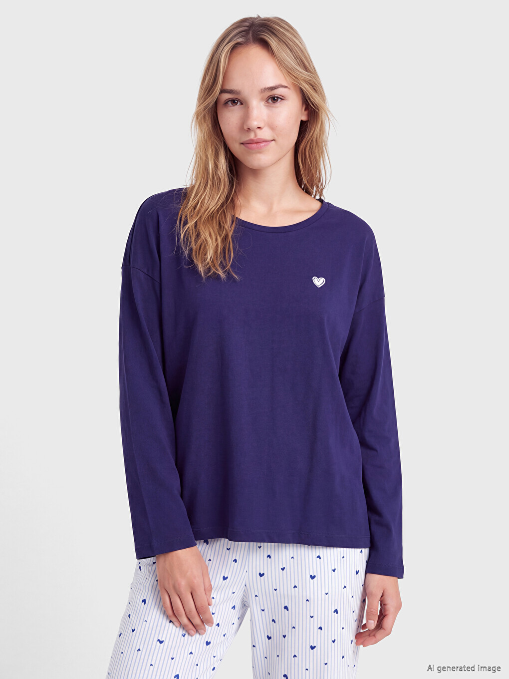 Mavi Kalp Desenli Kadın Pijama Takımı-1