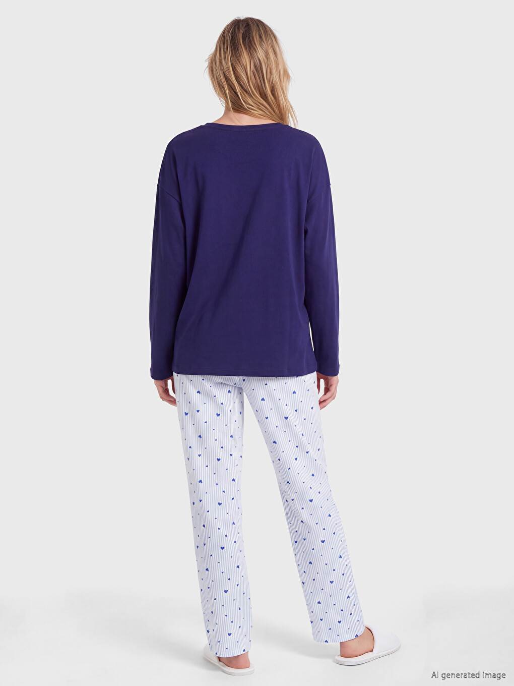 Mavi Kalp Desenli Kadın Pijama Takımı-3