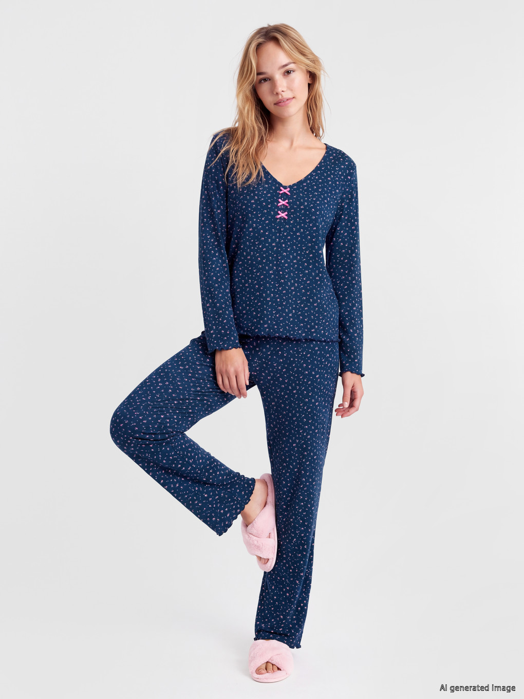 Lacivert Çiçekli Kadın Pijama Takım
