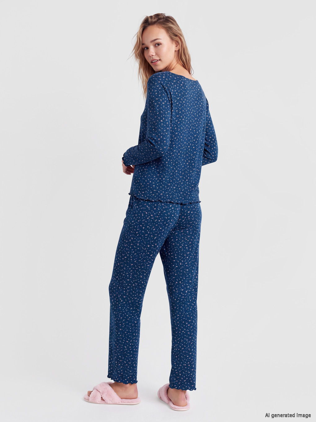 Lacivert Çiçekli Kadın Pijama Takım-3