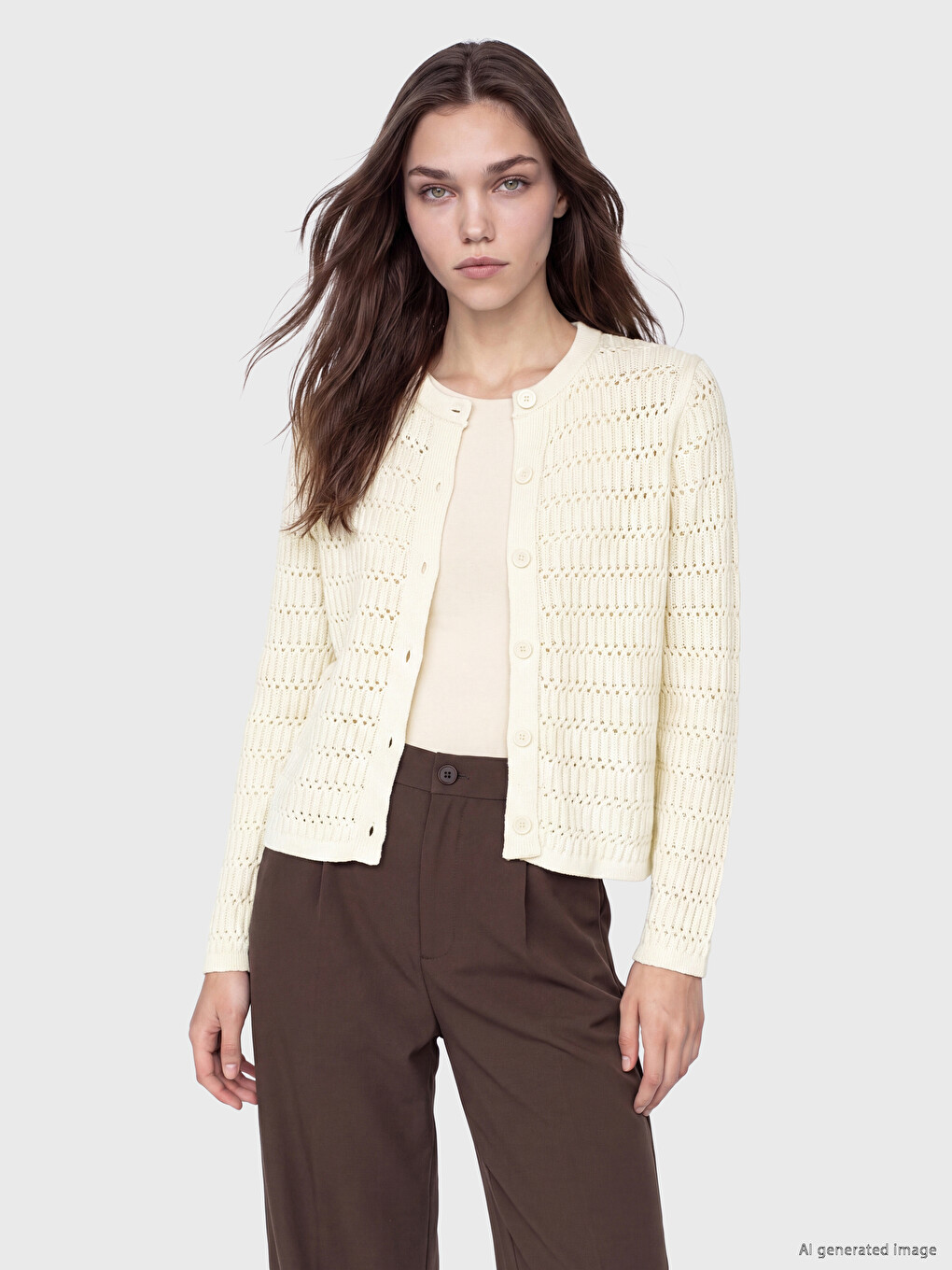 Crew Neck Open-knit Women's Knitwear Cardigan