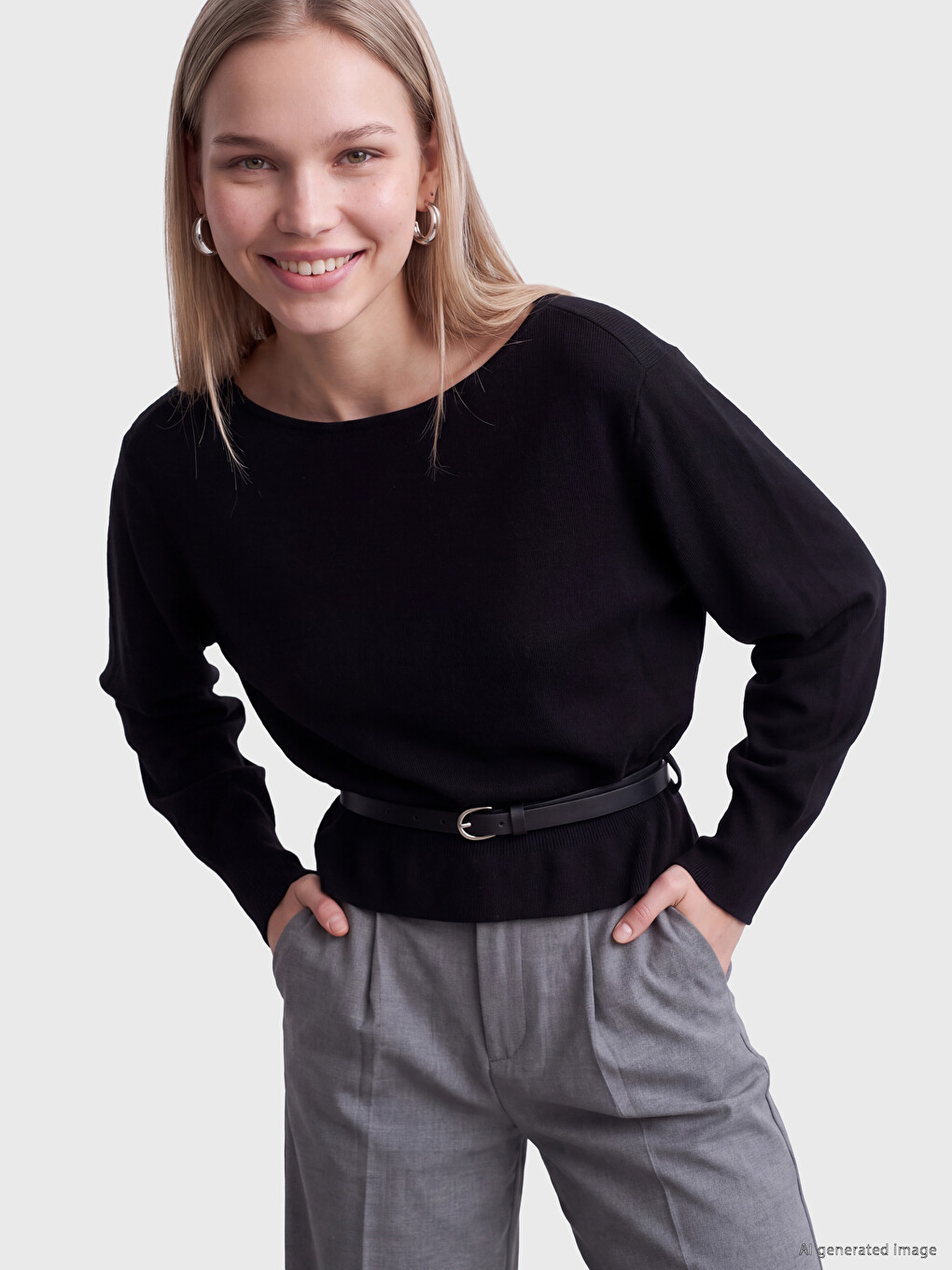 Slash Neck Belted Women's Knitwear Sweater-1