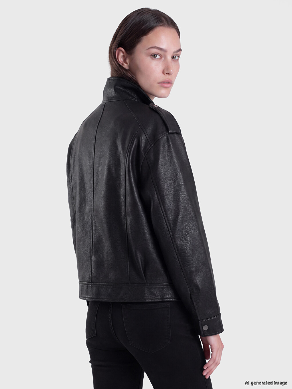 Mock Neck Women's Faux Leather Jacket-3