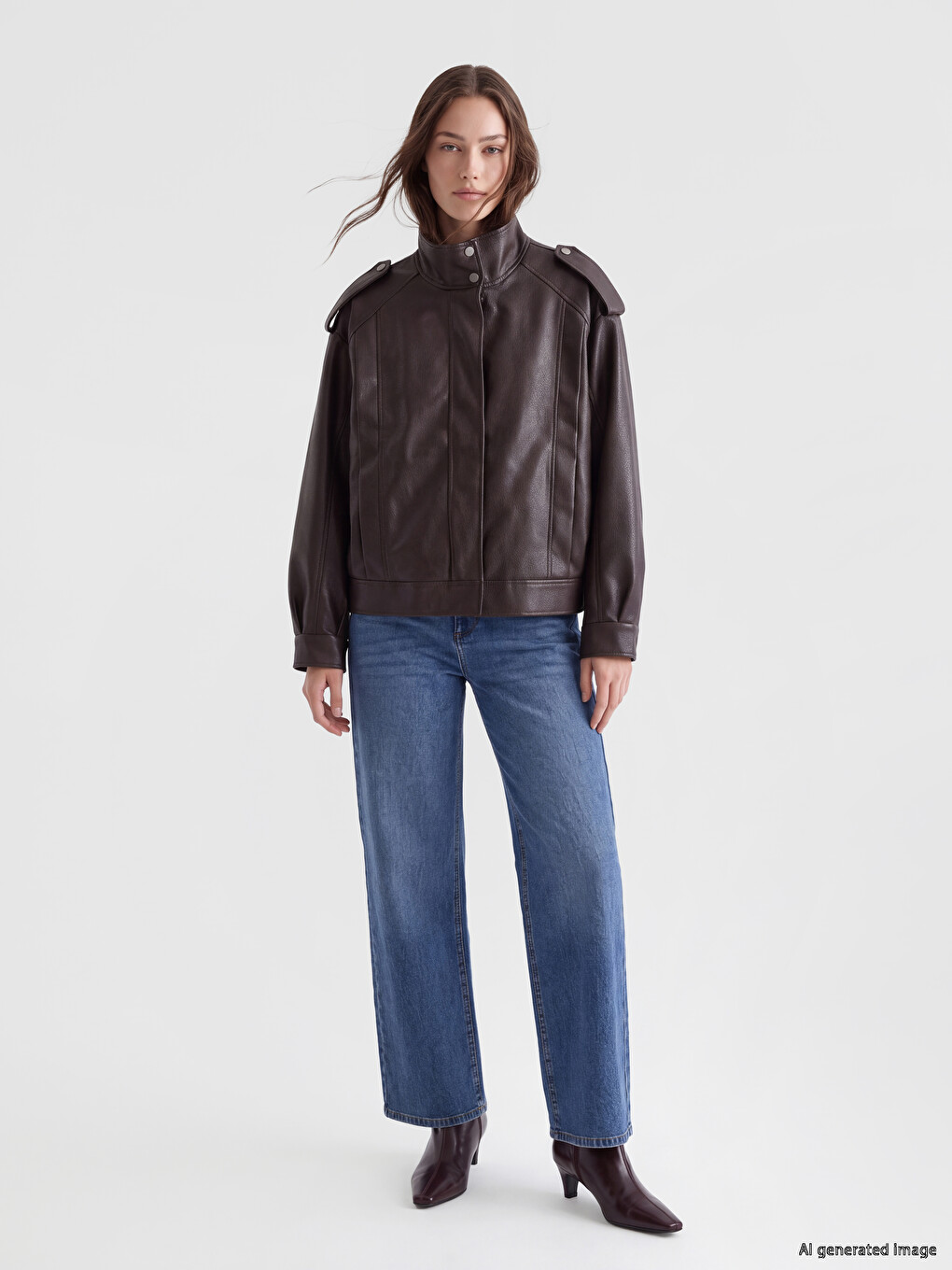 Mock Neck Women's Faux Leather Jacket-1