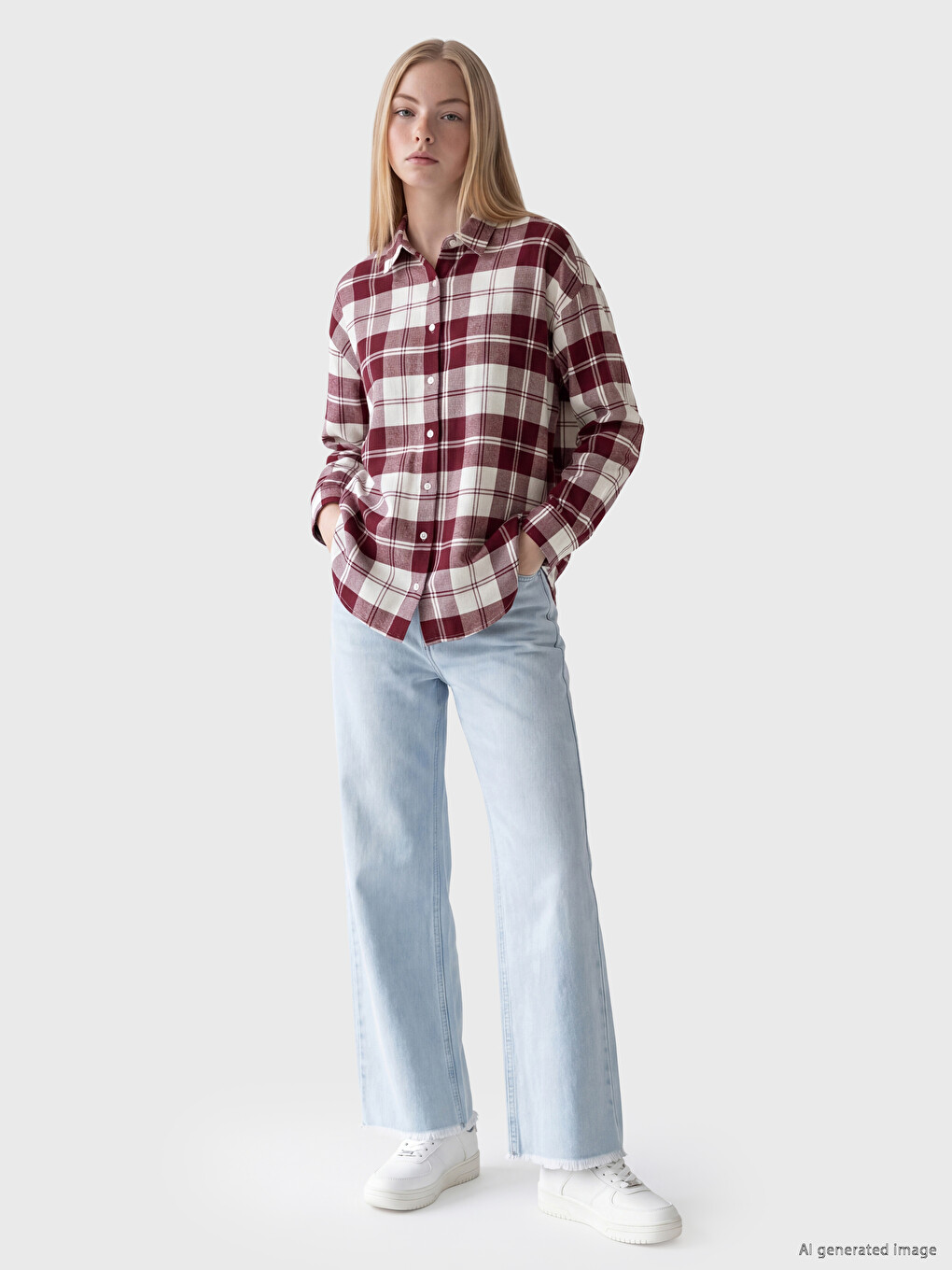 Bordo Ekose Oversize Kadın Oduncu Gömlek