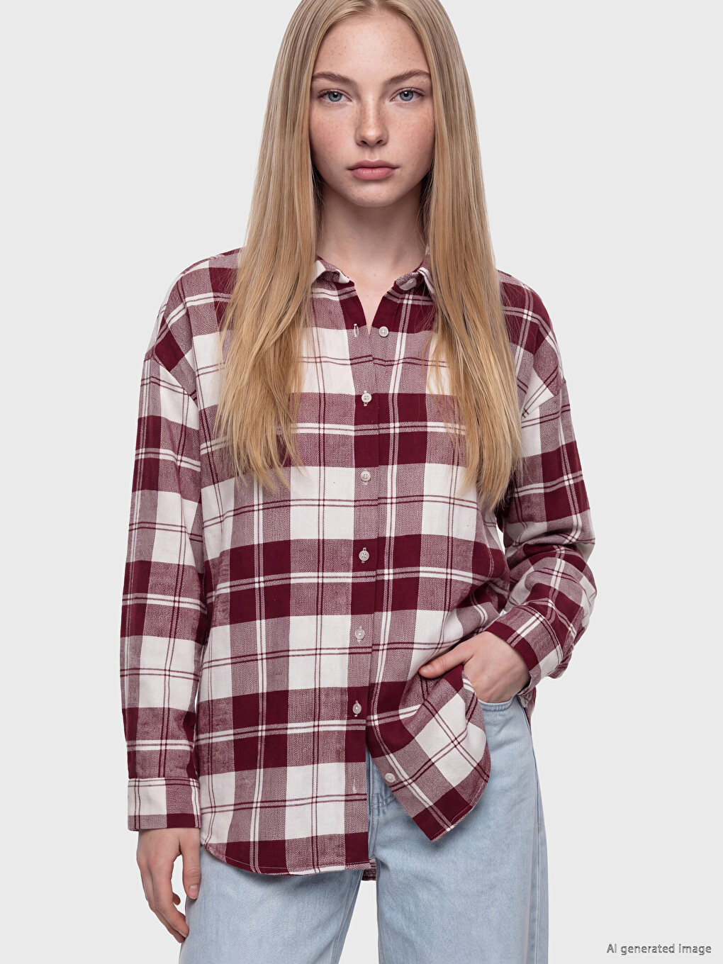 Bordo Ekose Oversize Kadın Oduncu Gömlek-1