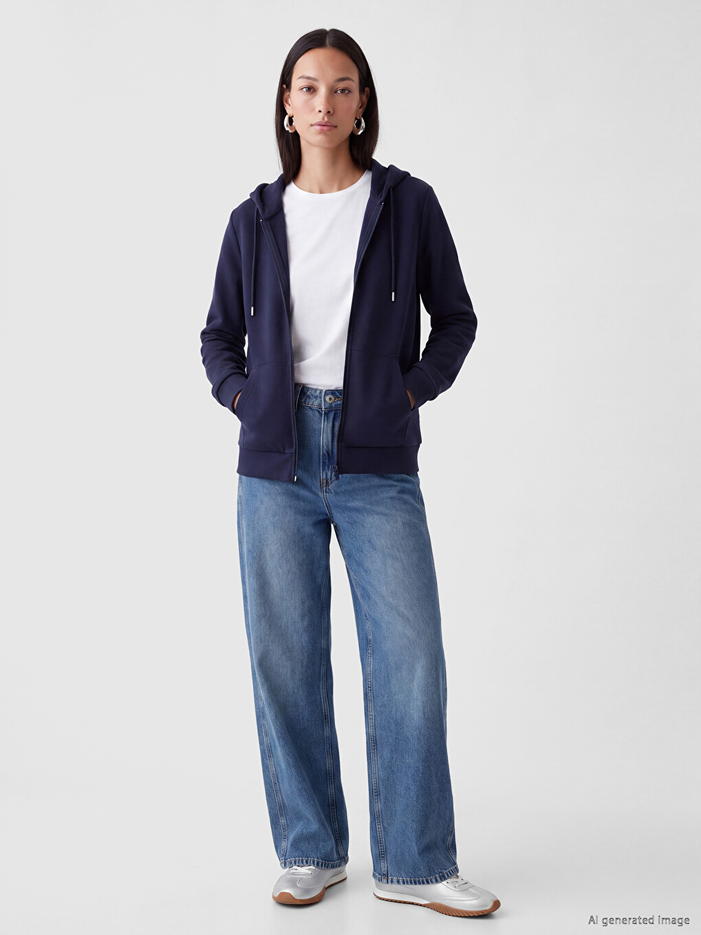 Lacivert Kapüşonlu Kadın Fermuarlı Sweatshirt-1