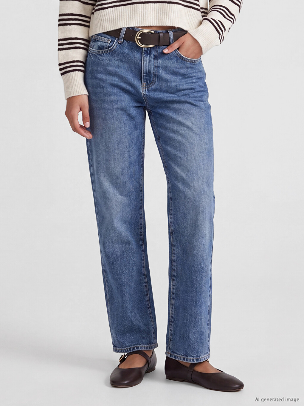 Belted Waist Straight Fit Women's Jeans-1