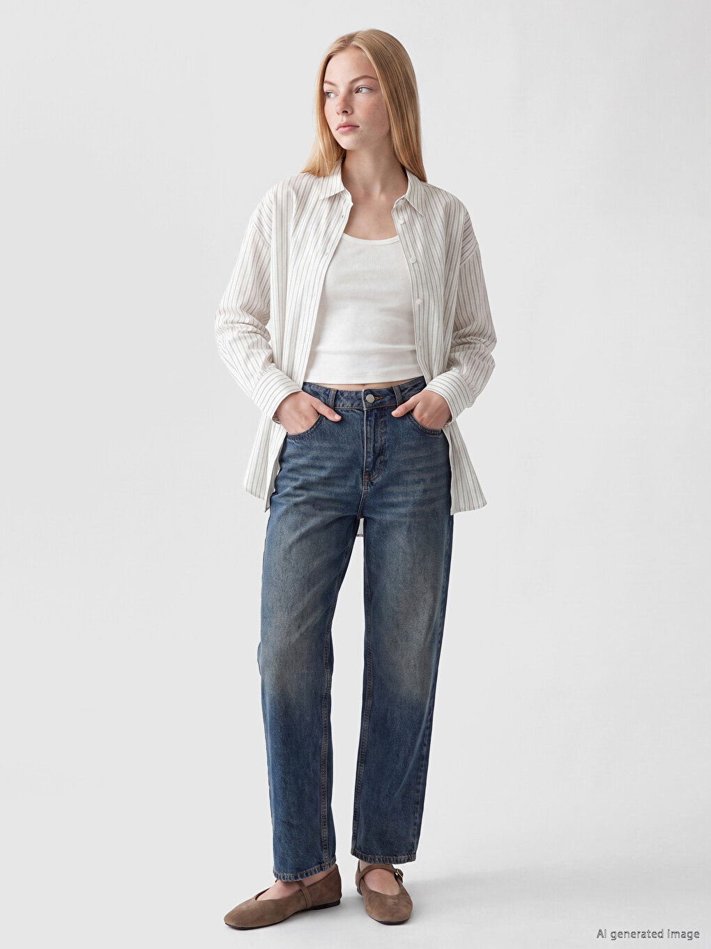 Çizgili Oxford Oversize Kadın Gömlek-1