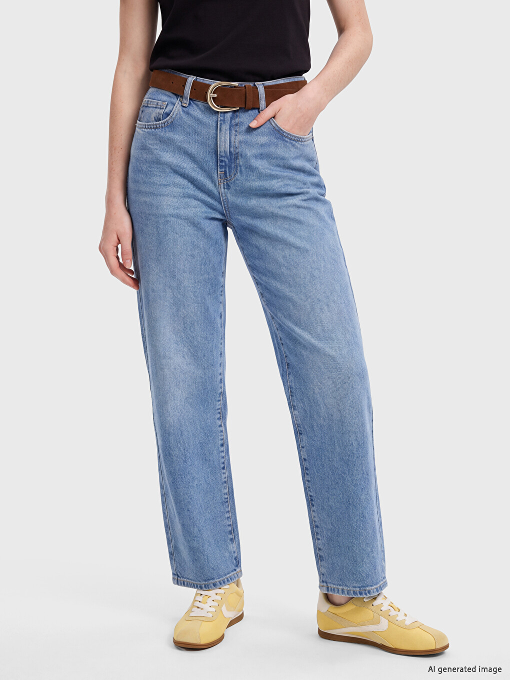 Mavi Kemerli Straight Fit Kadın Jean Pantolon-1
