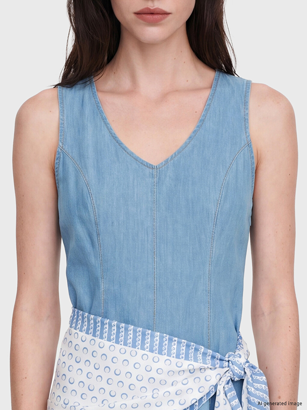 İndigo V Yaka Beli Fularlı Jean Elbise-1