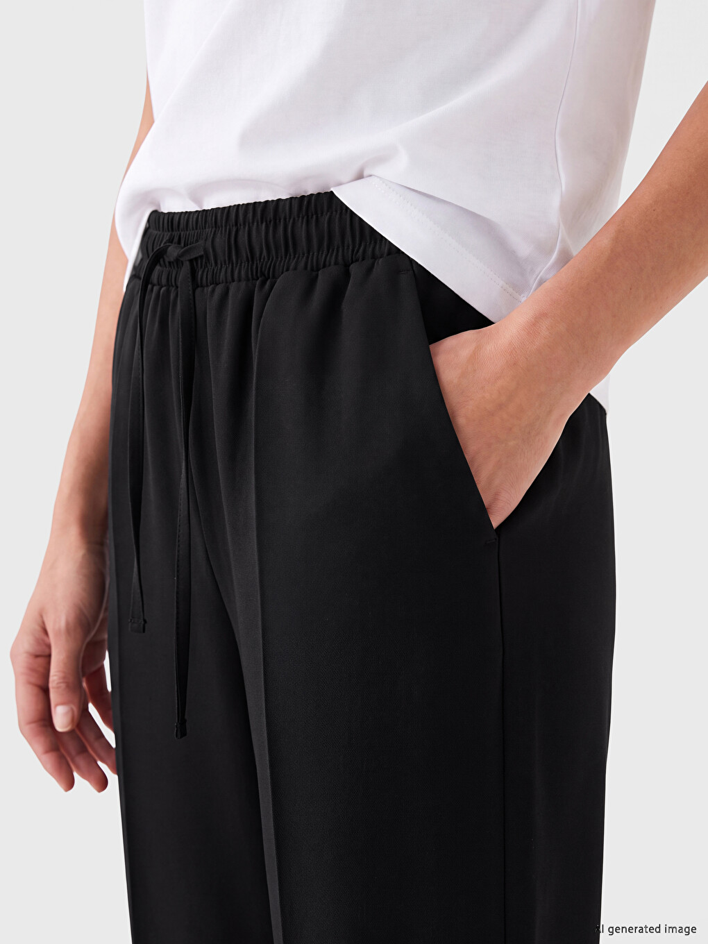 Siyah Beli Lastikli Loose Fit Kadın Pantolon-2
