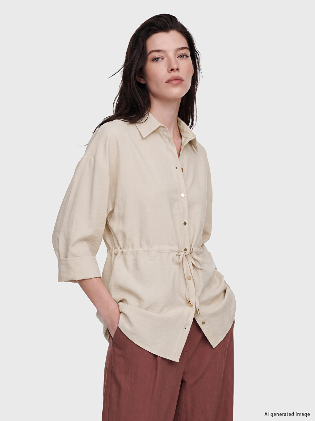 Bej Büzgülü Kadın Gömlek