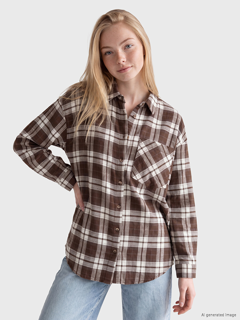 Kahverengi Ekose Oversize Kadın Oduncu Gömlek