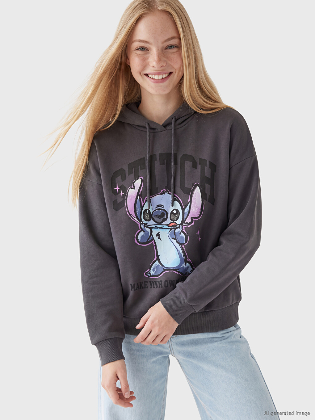 Stitch Štampana Oversize Ženska Debela Dukserica Sa Kapuljačom