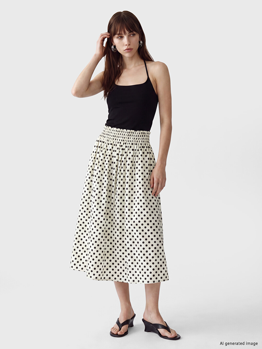 Elastic Waist Polka Dot Poplin Flared Skirt