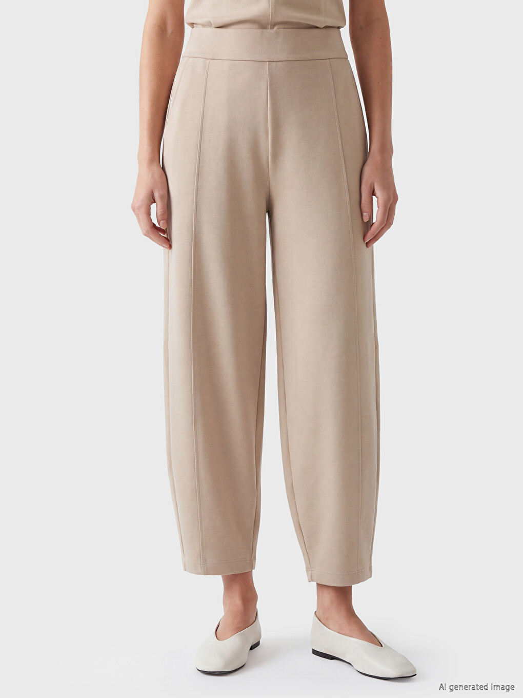 Bej Beli Lastikli Soft Touch Kadın Pantolon-1