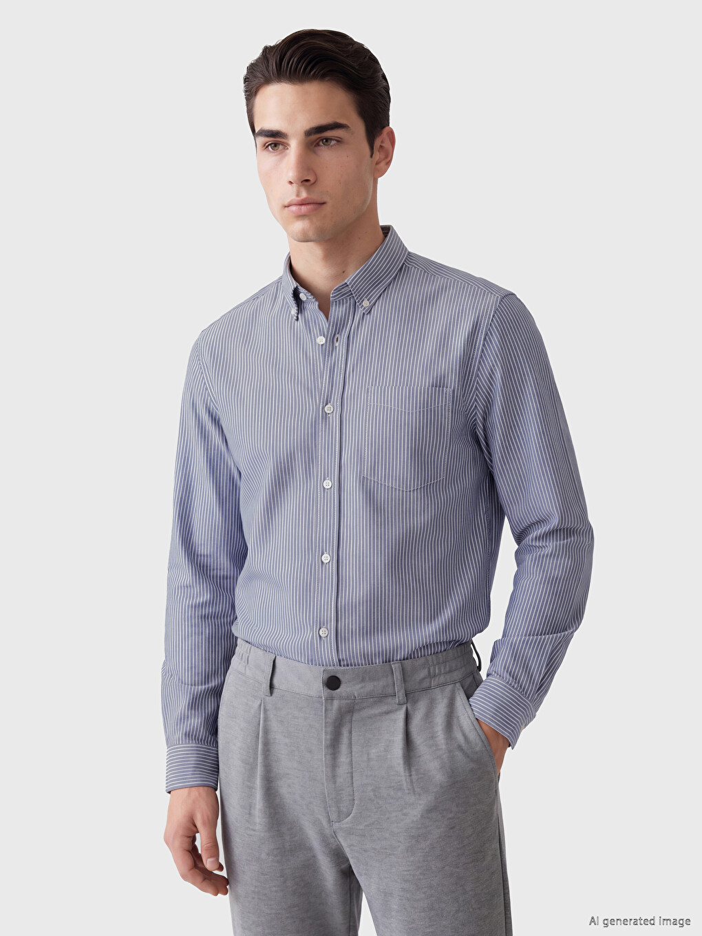 Lacivert Regular Fit Çizgili Gabardin Erkek Gömlek-1