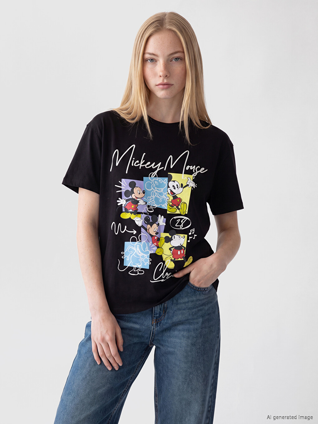 Siyah Mickey Mouse Baskılı Kadın Tişört