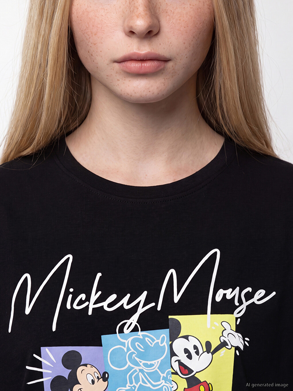 Siyah Mickey Mouse Baskılı Kadın Tişört-2