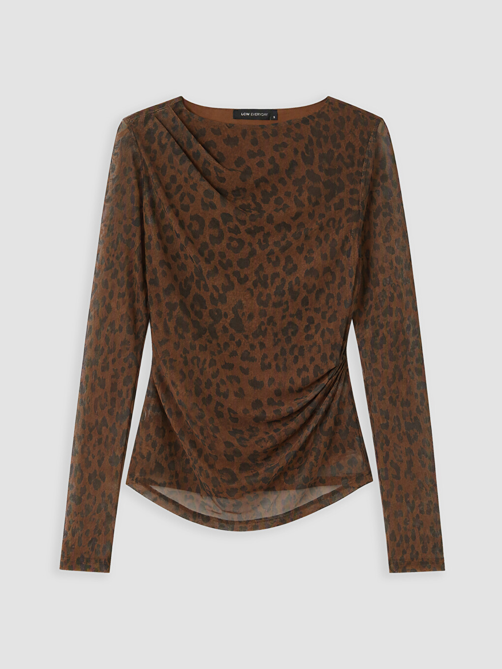 Kahverengi Leopar Desenli Büzgülü Tül Bluz-4