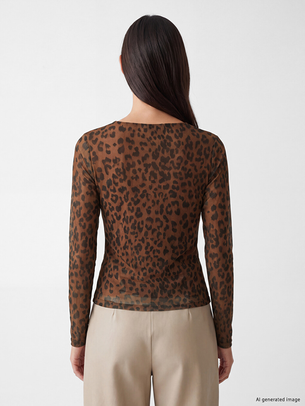 Kahverengi Leopar Desenli Büzgülü Tül Bluz-3