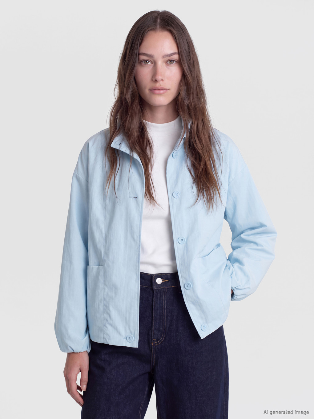 Mavi Dik Yaka Oversize Kadın Yağmurluk