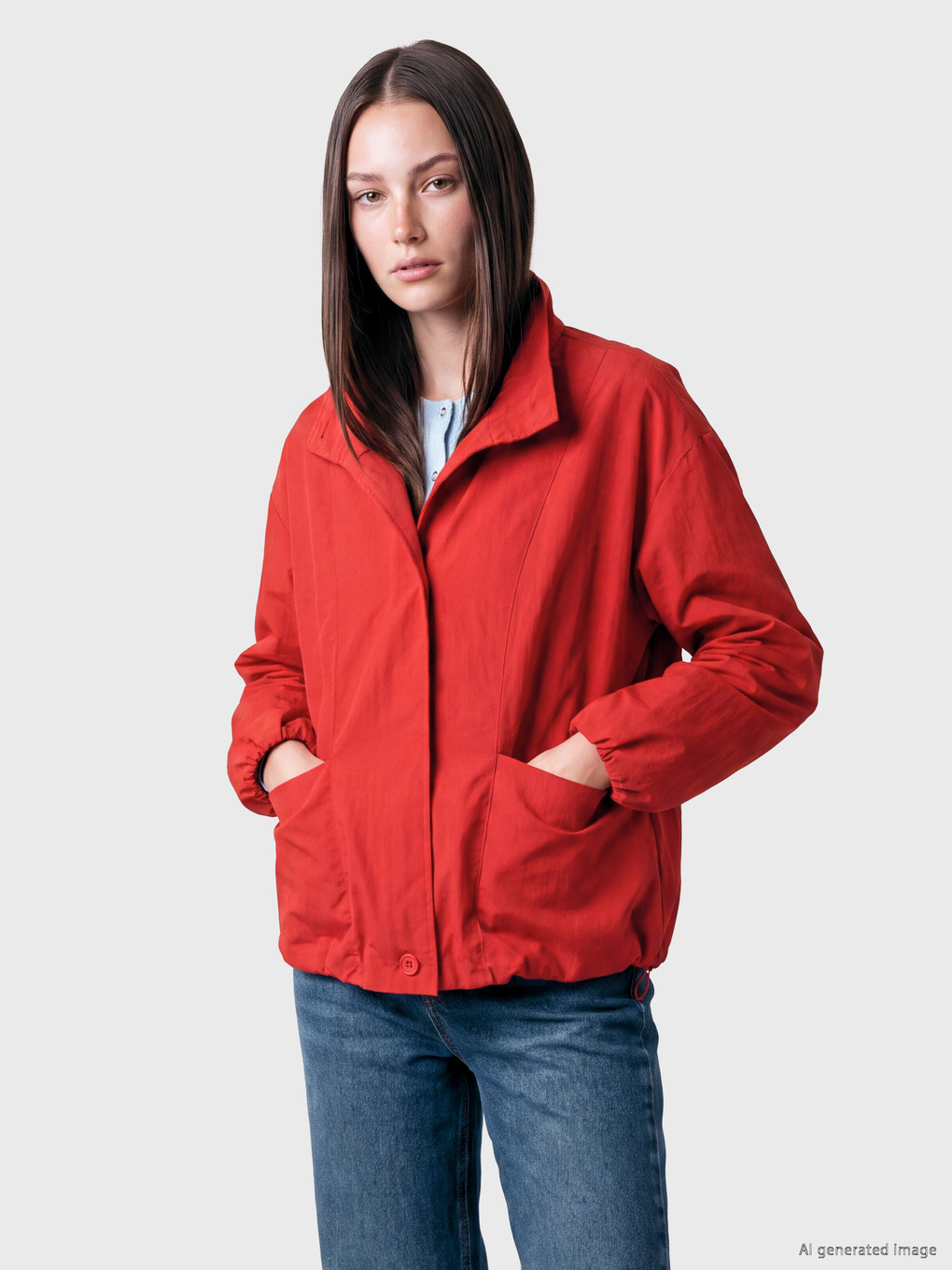 Kırmızı Dik Yaka Oversize Kadın Yağmurluk