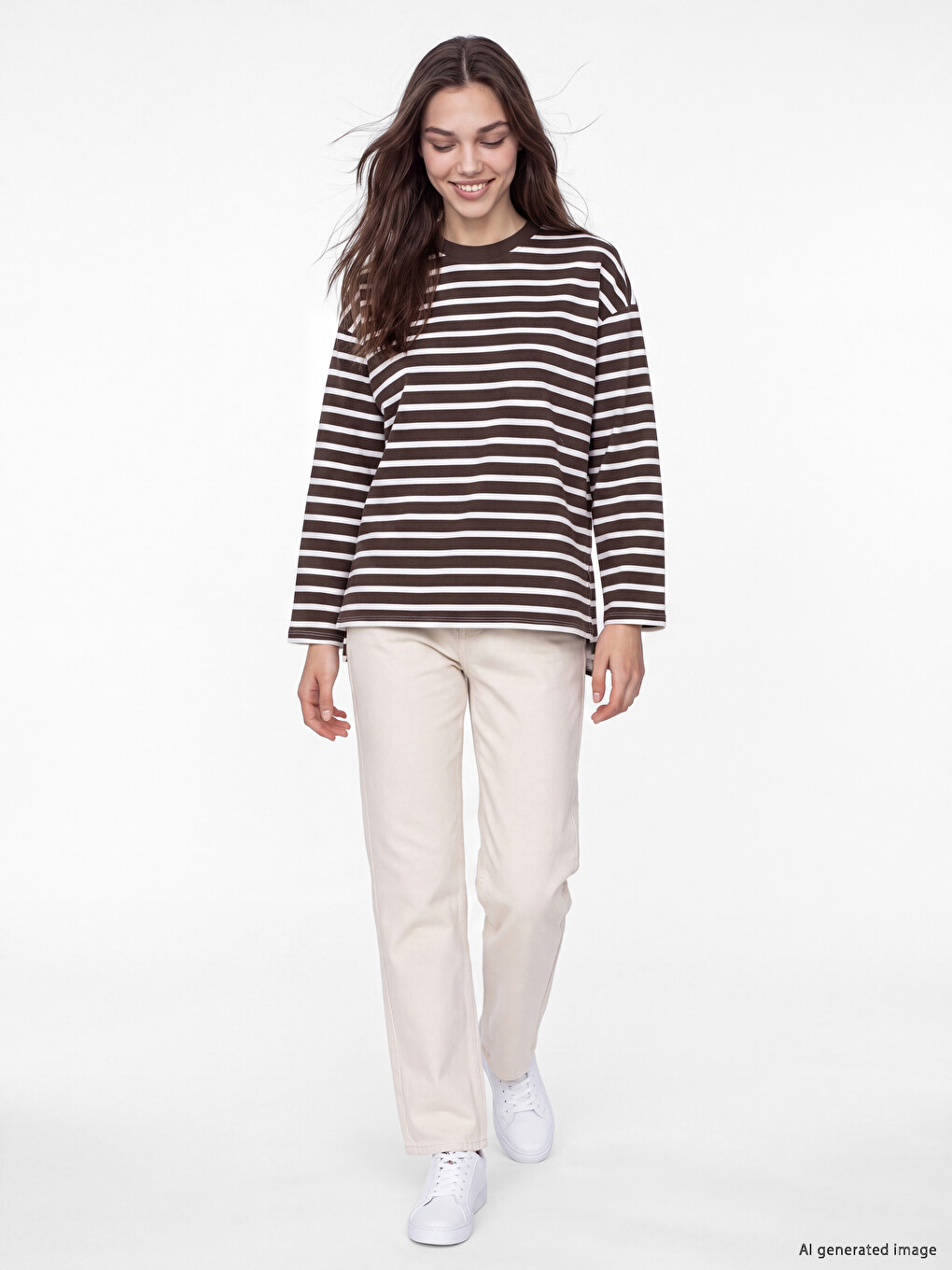 Ekru Çizgili Oversize Kadın Sweatshirt Tunik-1