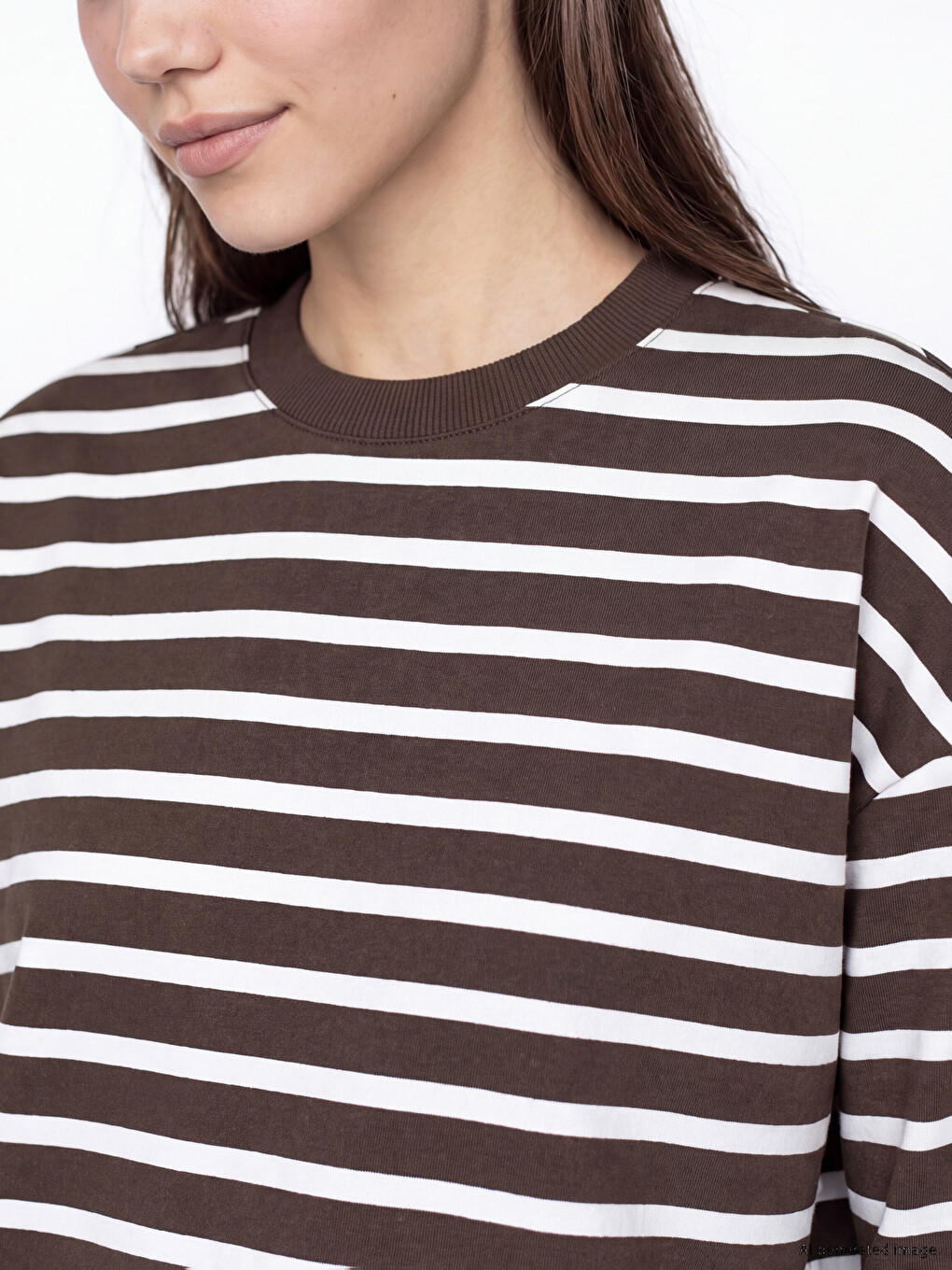 Ekru Çizgili Oversize Kadın Sweatshirt Tunik-2