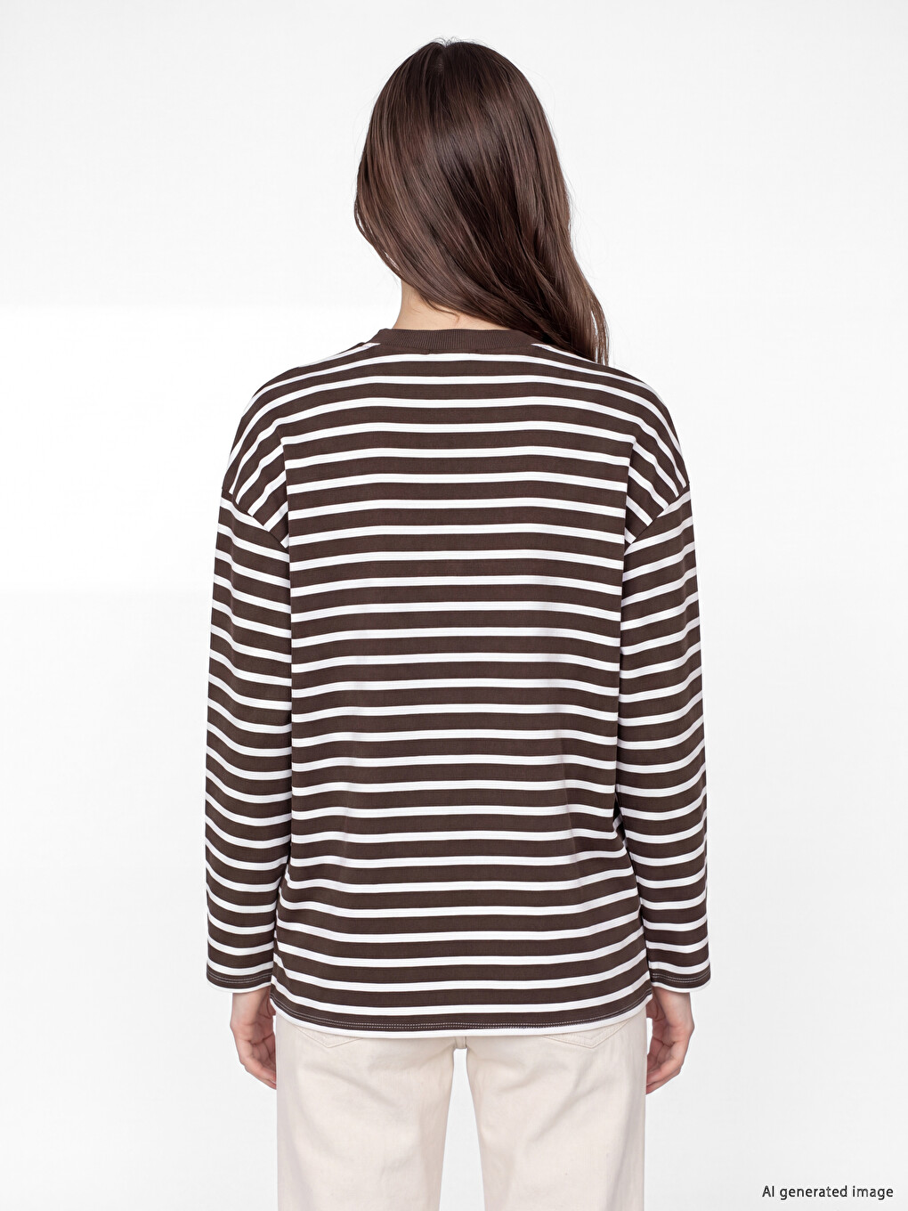 Ekru Çizgili Oversize Kadın Sweatshirt Tunik-3