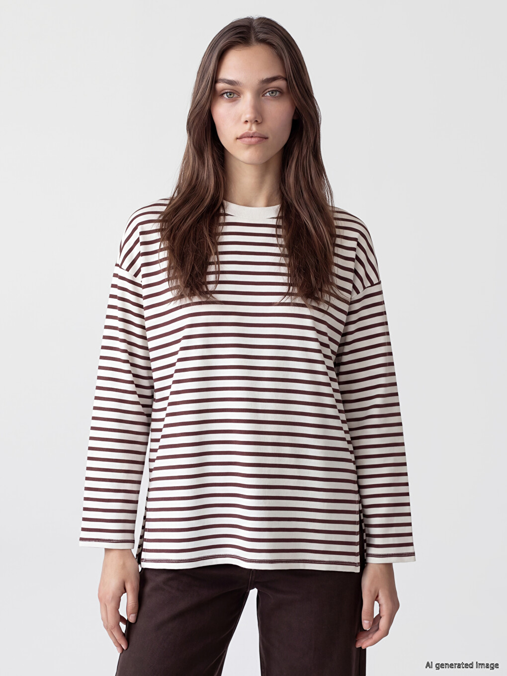 Mürdüm Çizgili Oversize Kadın Sweatshirt Tunik
