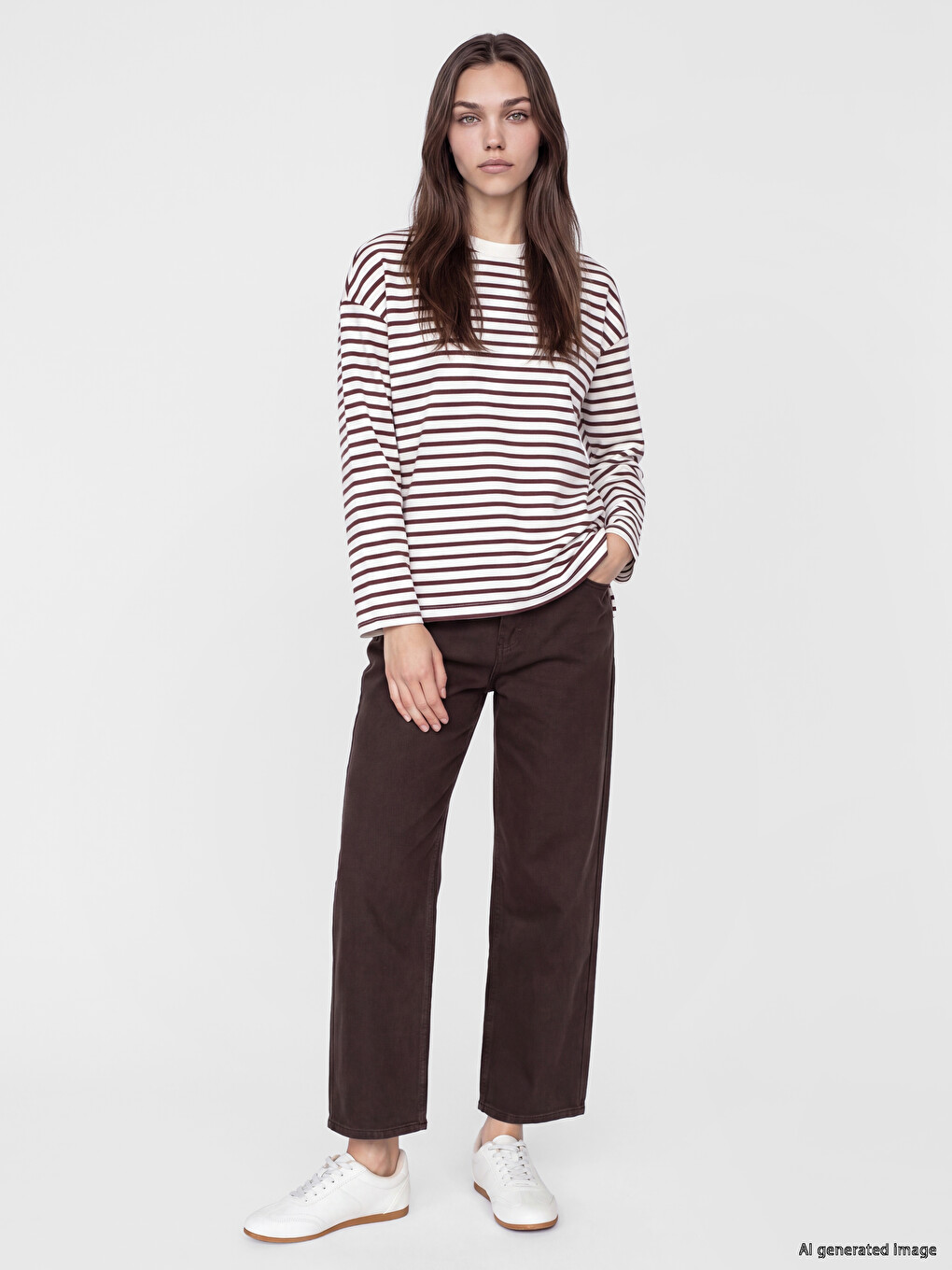 Mürdüm Çizgili Oversize Kadın Sweatshirt Tunik-1