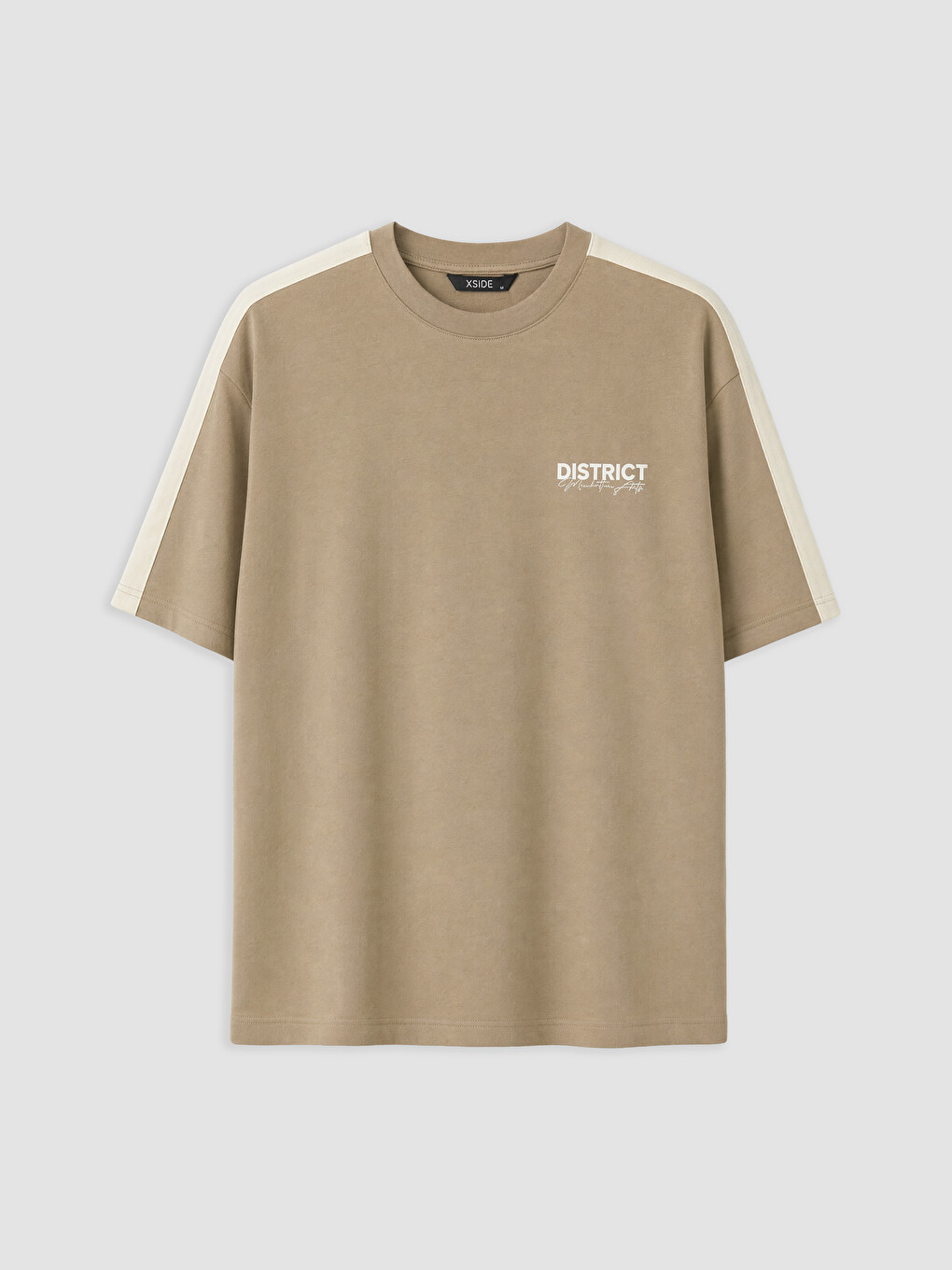 Kahverengi Oversize Fit Bisiklet Yaka Baskılı Erkek Tişört-4