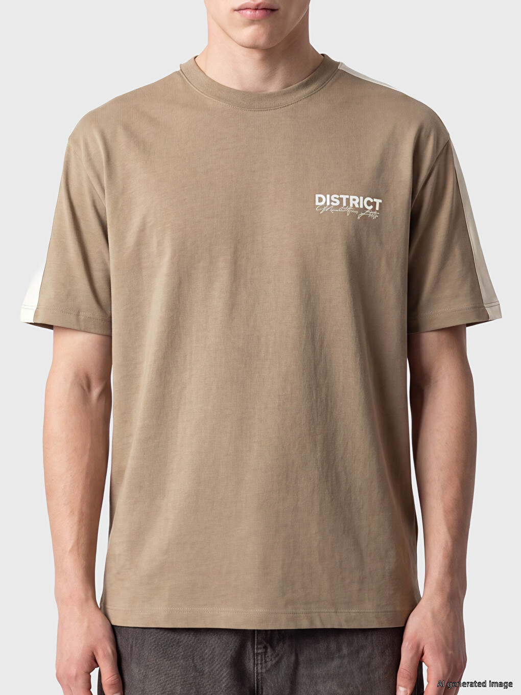Kahverengi Oversize Fit Bisiklet Yaka Baskılı Erkek Tişört-2