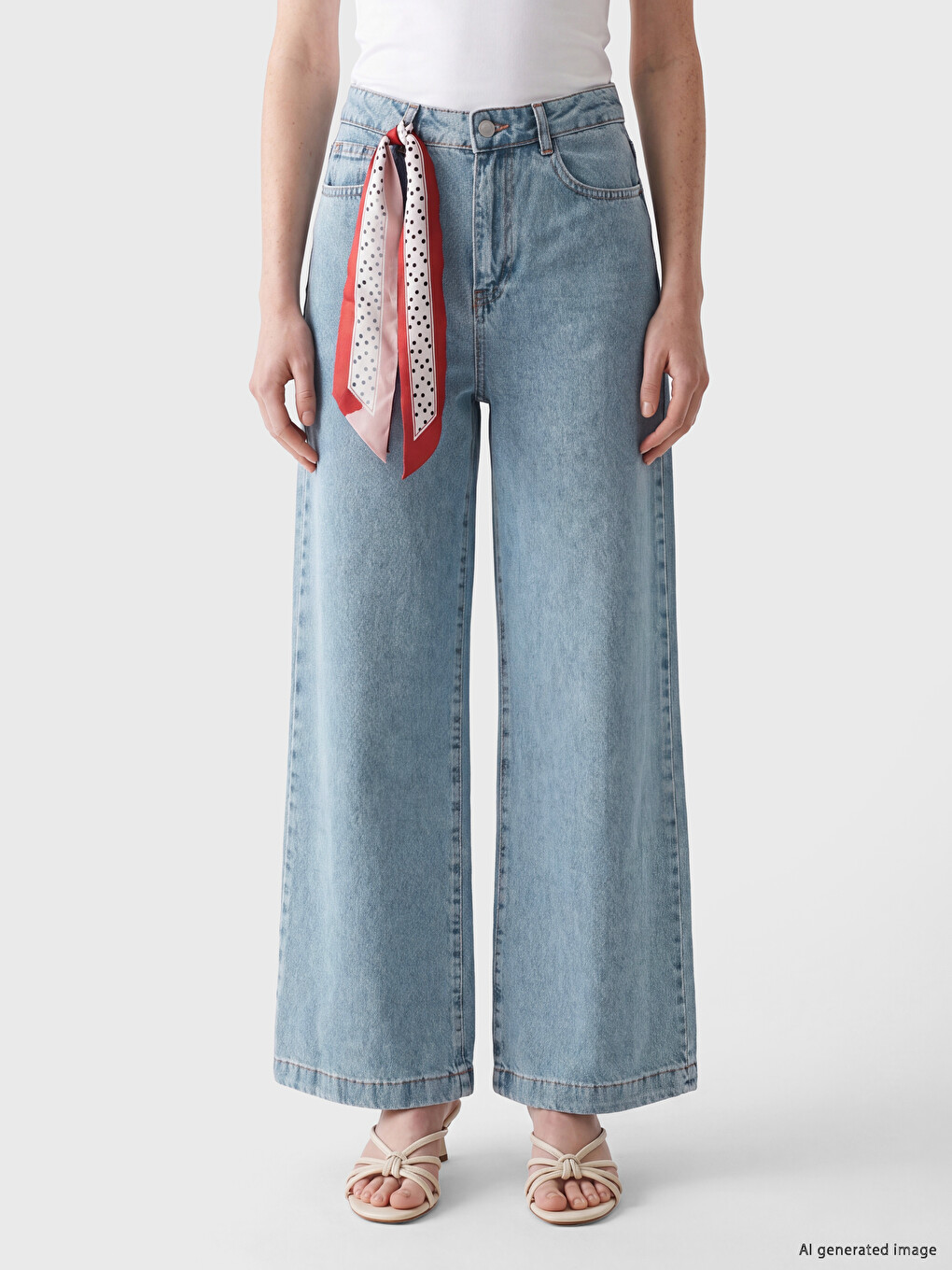 İndigo Fular Detaylı Wideleg Kadın Jean Pantolon-1